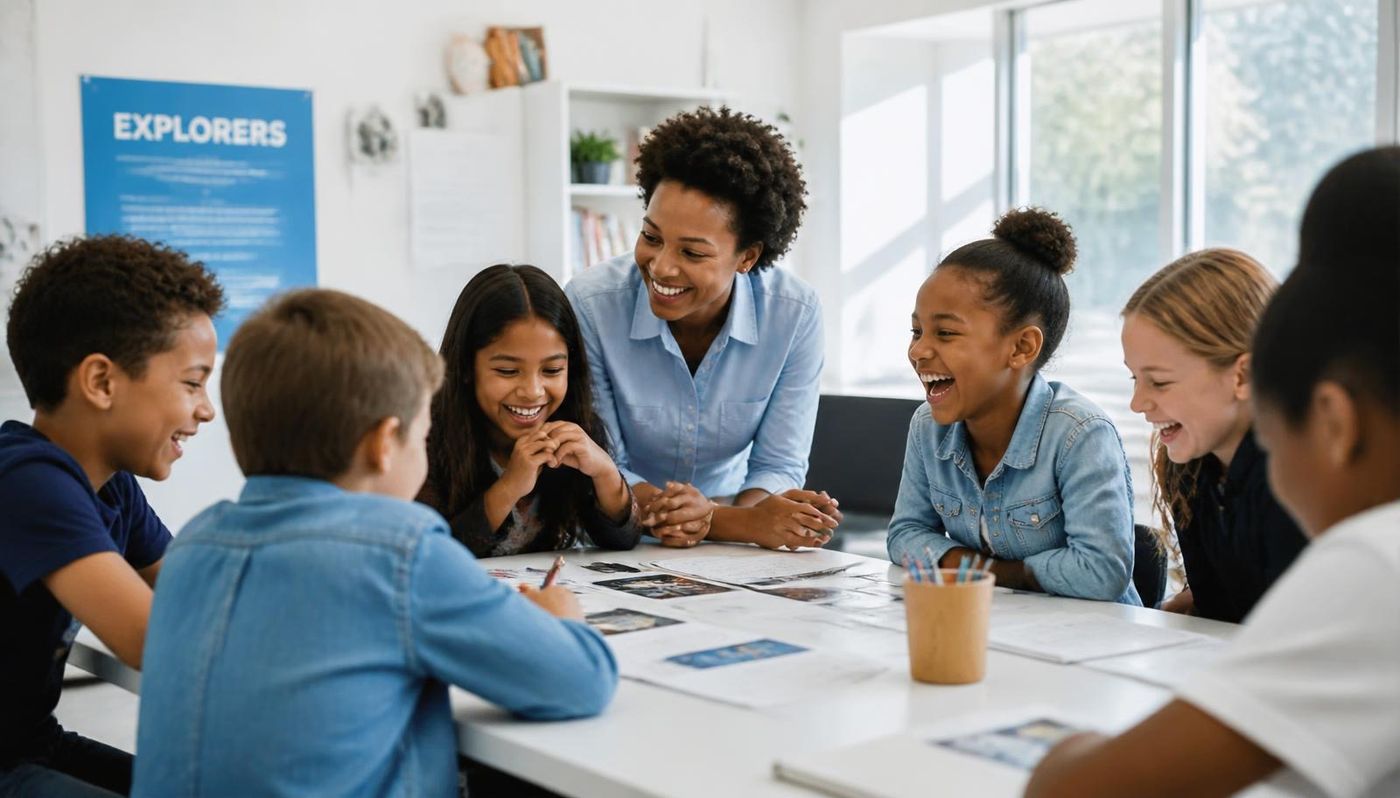 A teacher working with a small group of students around a classroom table