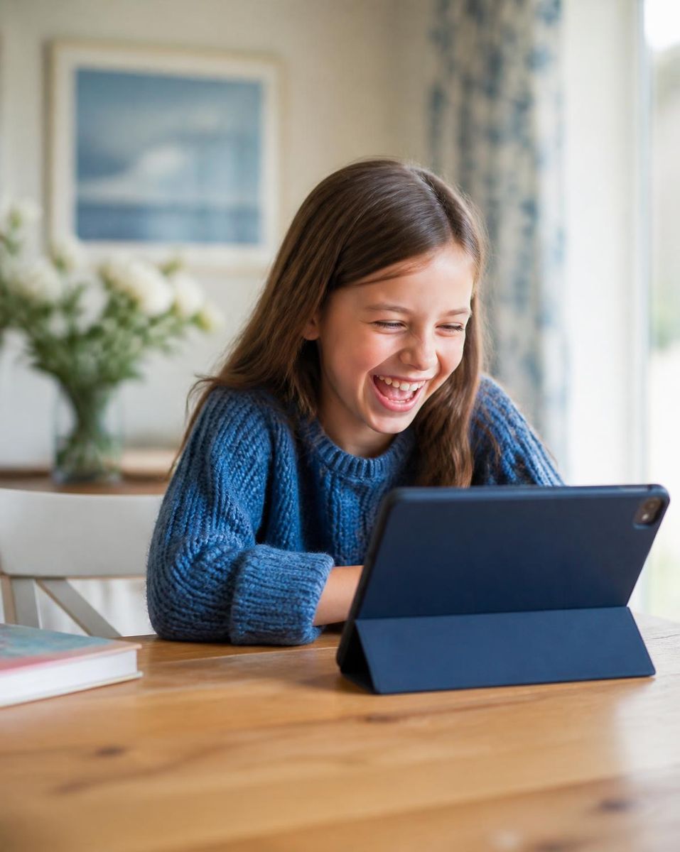 A girl laughing while using a tablet at a desk