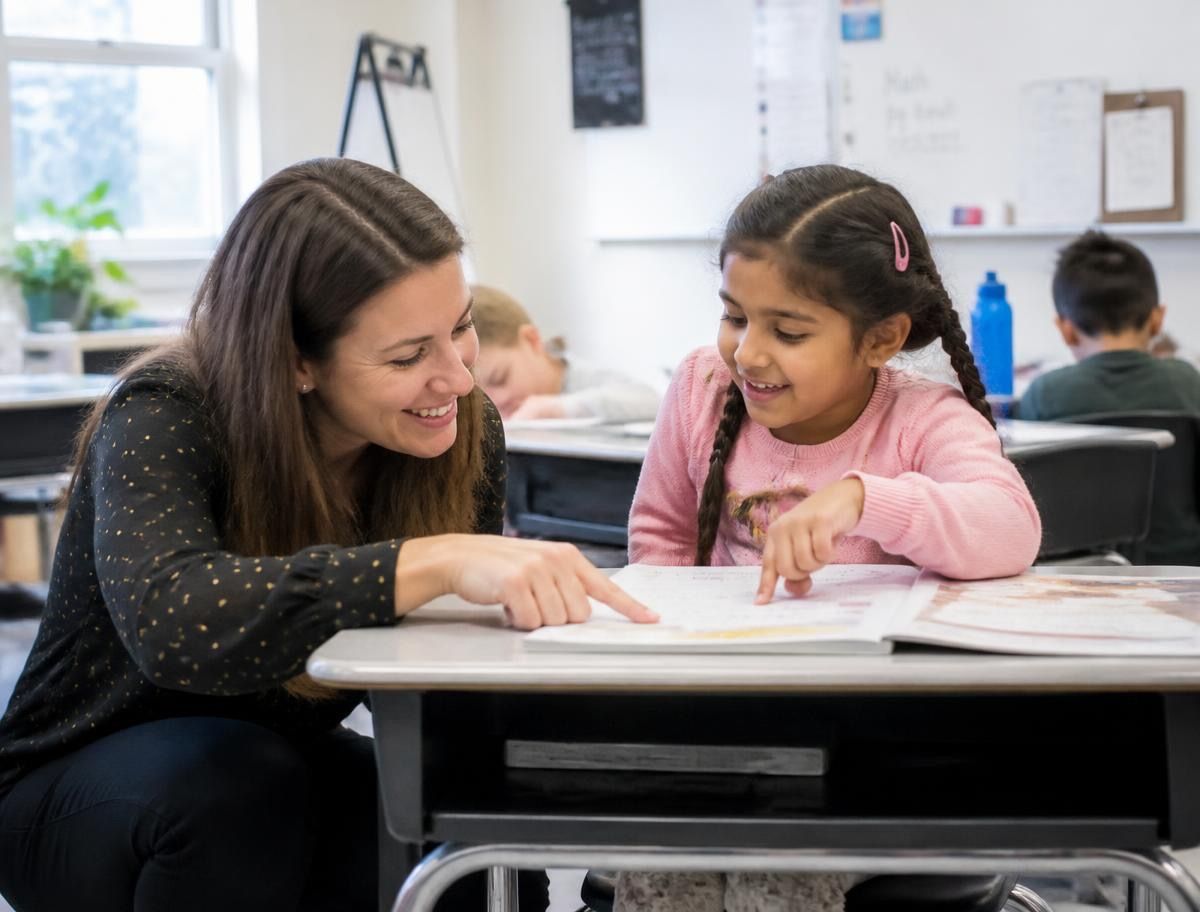 A teacher and a student smiling together over a workbook at a classroom desk